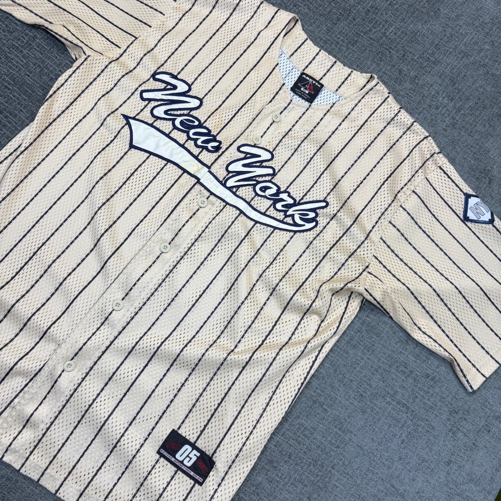Vintage New York Yankees Baseball Jersey Mens XL Cream Tan Pinstripe Korea